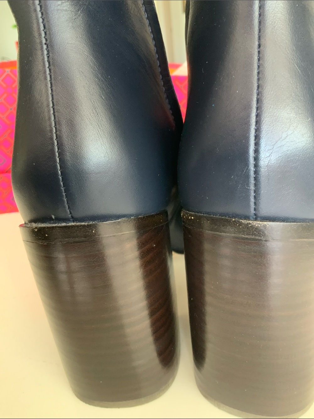 Tory Burch Two-Tone Burgundy and Navy Leather Block Heel Ankle Boots - Picture 5 of 5